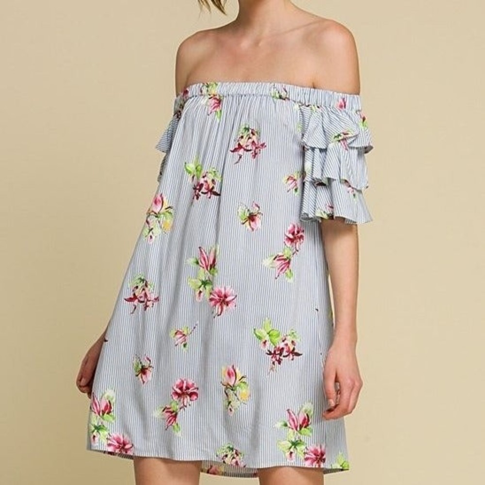 Blue Floral Stripe Ruffle-Sleeve Off-Shoulder Dress‎ - Women Size S